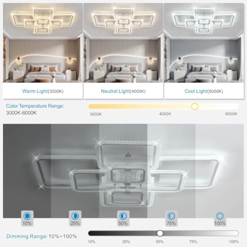 41.3in Modern LED Ceiling Light Fixture Dimmable Crystal Flush Mount Led Ceiling Lights 8 Square Frame with Remote Ceiling Lamps for Living Room Kitchen Bedroom