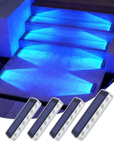 Blue Solar Step Lights for Outside IP68 Waterproof Led 4 Pack (4 Count)