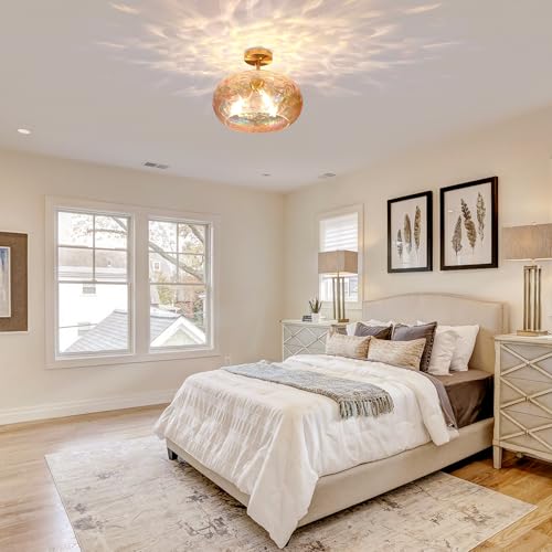 Brass Gold Semi Flush Mount Ceiling Fixture Large Hammered Glass Shade Modern Close to Ceiling Light 14" Art Lampshade for Hallway Foyer Bedroom