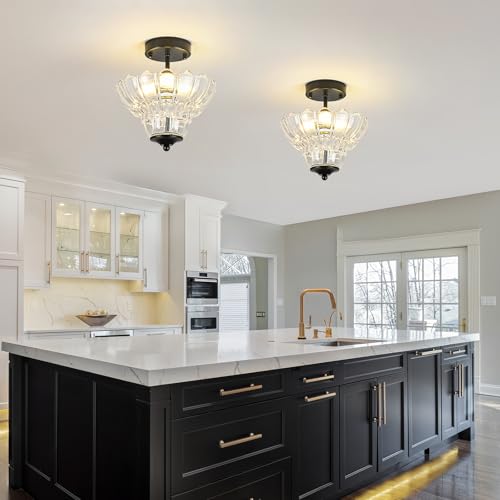 Black Semi Flush Mount Light with Floral Class Shade (Black)