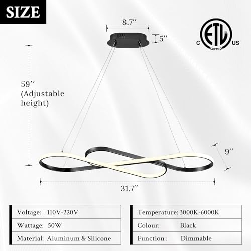 Modern LED Chandelier Black Dimmable LED Pendant Light for Dining Room Light Fixture Over Table Modern Kitchen Island Lighting High Ceiling with Remote for Living Room