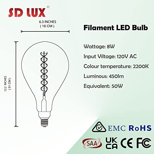 PS160 Large LED Edison Light Bulbs Dimmable 8W 450lm E26 2200K 1PC