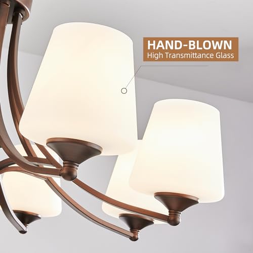 8 Light Large Rustic Chandeliers with Frosted Milky White Glass