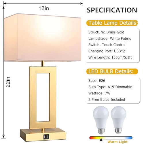 22’’ Set of 2 Touch Control Table Lamps w. 2 USB Ports (2 Count)