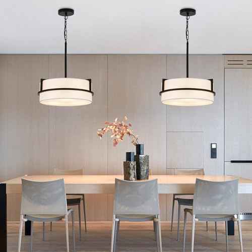 Modern Drum Chandelier for Dining Room 3 Light,15.7" Wide White Linen Drum Shade Ceiling Light Fixture,Pendant Lighting with Adjustble Hang Height Chandelier for Kitchen Islands Living Bedroom
