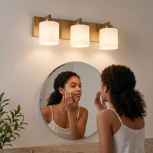 3 Light Brushed Gold Bathroom Vanity Light with White Glass Shades
