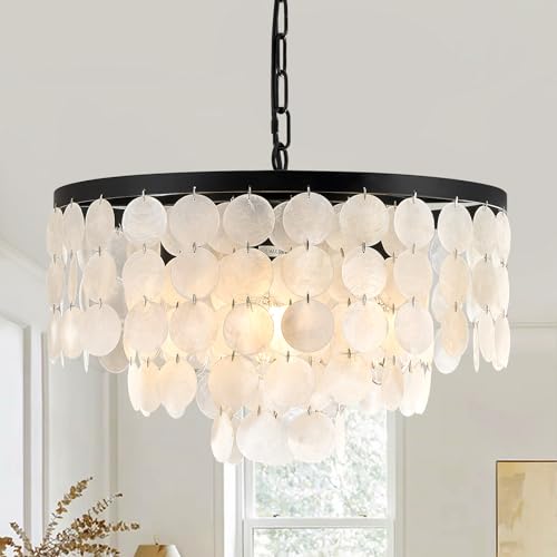 4 Light Black Capiz Shell Coastal Chandeliers for Dining Room