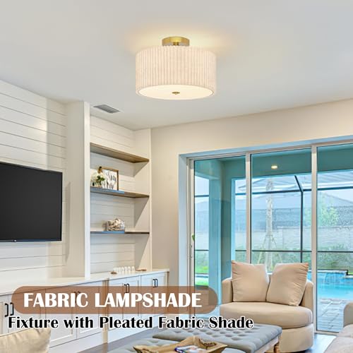 3 Light Semi Flush Mount Lights Fixture Drum Ceiling Light with Pleated Fabric Shade Gold Semi Flush Mount Ceiling Lights 16 Inch Close to Light Fixtures for Living Room Hallway