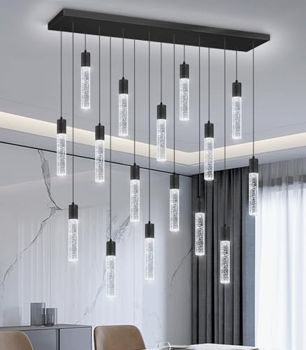 16 Lights Modern Crystal Rectangular Chandeliers LED Pendant Light for Kitchen Island High Ceiling Chandelier for Dining Room Entrance Foyer Living Room Black