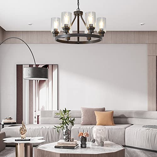 Farmhouse Chandelier Lighting Round 6 Lights Oil Rubbed Bronze with Glass Shade Ceiling Hanging Vintage Rustic Light Fixture for Dining Room Living Room Foyer Porch Kitchen Island