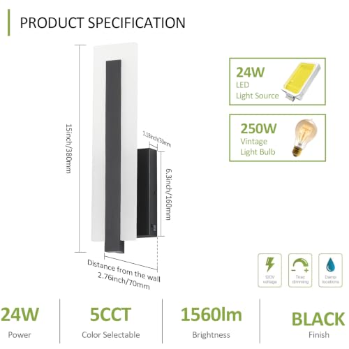 Hardwired Black Dimmable Modern LED Wall Sconce 3000K 3500K 4000K 5000K 6000K Indoor Wall Lights Up and Down Wall Mount Light for Living Room Bedroom Hallway Corridor