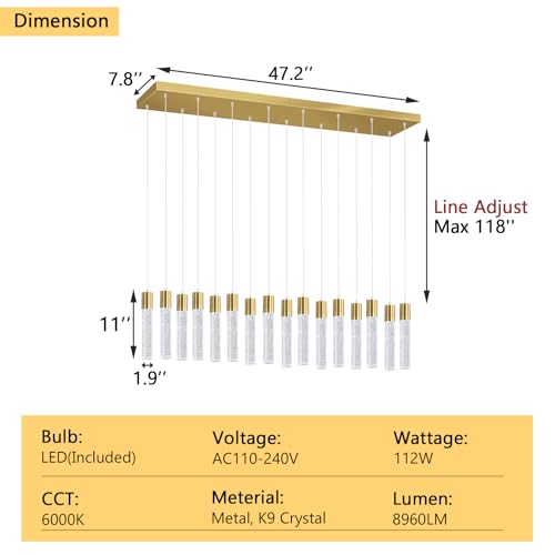 16 Lights Modern Crystal Rectangular Chandeliers LED Pendant Light for Kitchen Island High Ceiling Chandelier for Dining Room Entrance Foyer Living Room Gold