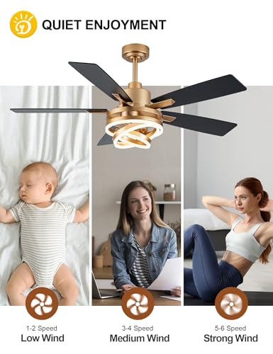 52" Black and Gold Ceiling Fans with Lights Modern Chandelier Fan