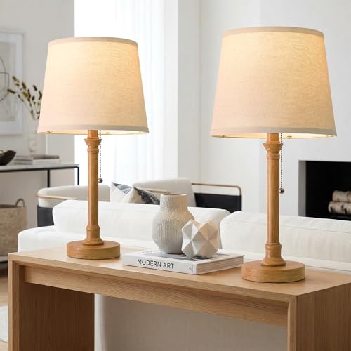 19.5" Wood Grain Rustic Table Lamps Set of 2 for Living Room Bedroom