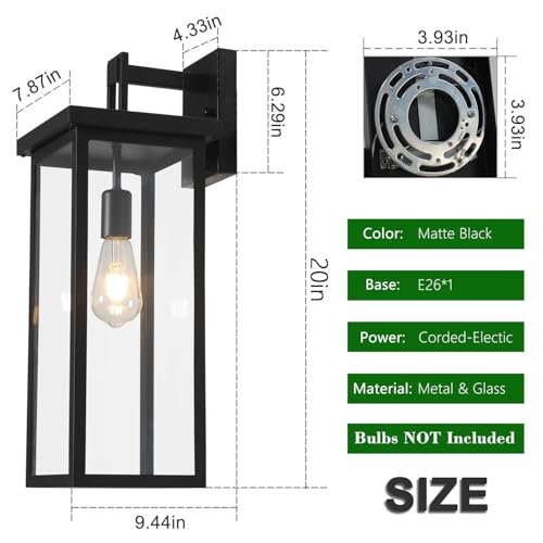 20'' Large Black Outdoor Wall Lights Exterior Lantern Sconce for Porch
