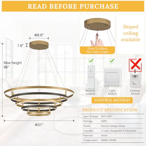 5 Ring LED Chandelier Modern Chandeliers Black Gold Brass Dimmable 31''