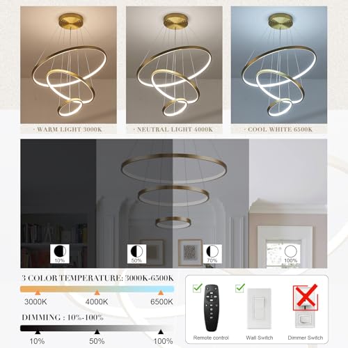 3 Rings LED Chandeliers Modern Gold Chandelier Dimmable Flush Mount Pendant Light Fixture Remote Control Contemporary Pendant Chandelier for Dining Room Bedroom Foyer