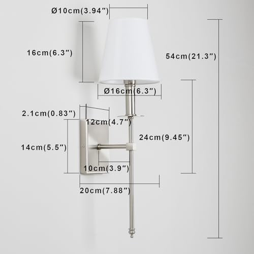 Set of 2 Classic Rustic Industrial Wall Sconce Lighting Fixture with Flared White Textile Lamp Shade and Brushed Tapered Column Stand (2 Count)