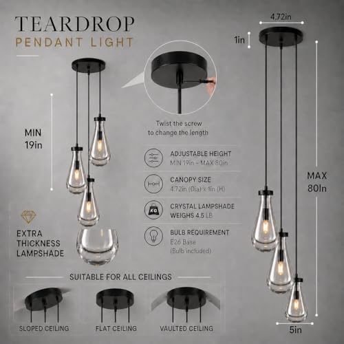 Modern Teardrop Crystal Pendant Light (Black / 3-Light)