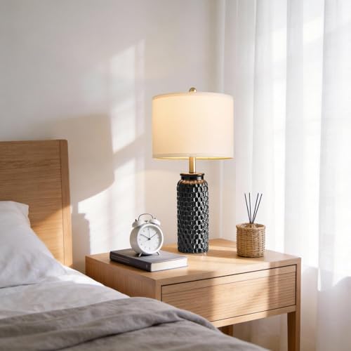 24" Modern Ceramic Black Bedside Lamp Set of 2 Table Lamp for Bedroom Decor Farmhouse Table Lamp for Living Room Office Dorm (2 Count)