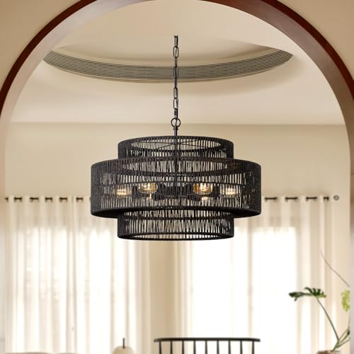 23.6" Black Large Boho Rattan Chandelier Light Fixture