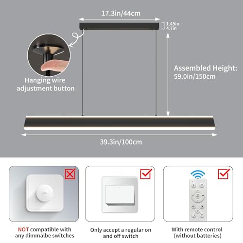 Modern Chandelier Light, 39IN LED Pendant Light with Remote Control 3000k-6500K Adjustable Color Temperature，Aluminum Island Lighting Lamp for Dining Room, Living Room