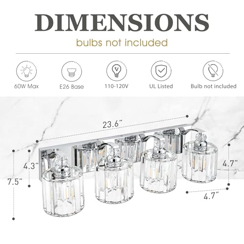 4 Light Modern Bathroom Light Fixture Chrome Vanity Lights Over Mirror Wall Sconce Lighting with K9 Crystal Shades Bathroom Wall Lamp E26 Base for Bedroom