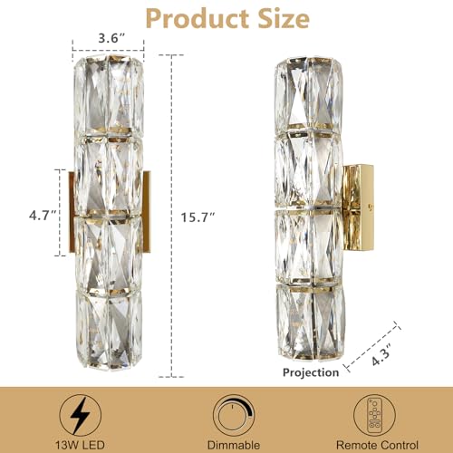 Gold Crystal Wall Sconce Dimmable LED with Remote for Bedroom