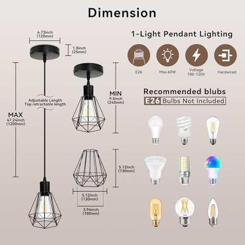3 Pack Modern Black Farmhouse Pendant Light Fixture with E26 Base (3 Count)