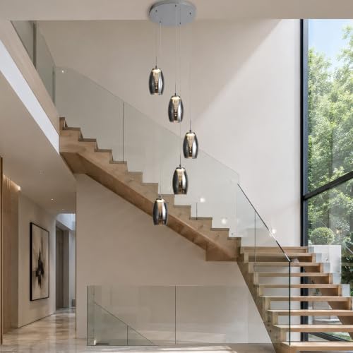 Modern 5 Light LED Staircase Chandelier with Smoke Gray Glass