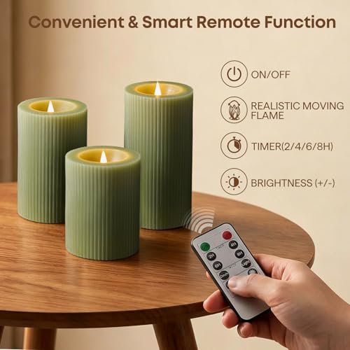 Olive Green Ribbed Moving Flame LED Pillar Candles with Remote (Olive Green)