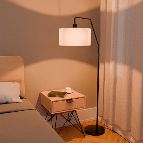 65" Matte Black Floor Lamp with White Fabric Shade