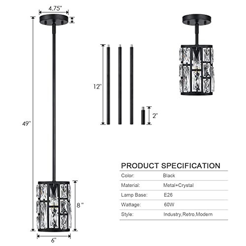 Black Crystal Pendant Light Fixture Modern Hanging Lighting Mini Crystal Chandelier for Kitchen Island Dinning Room Living Room Hallyway Porch Bedroom Lamp