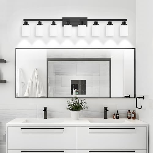 8 Light Bathroom Light Fixtures Over Mirror Black Vanity Light 52in (8 Count)