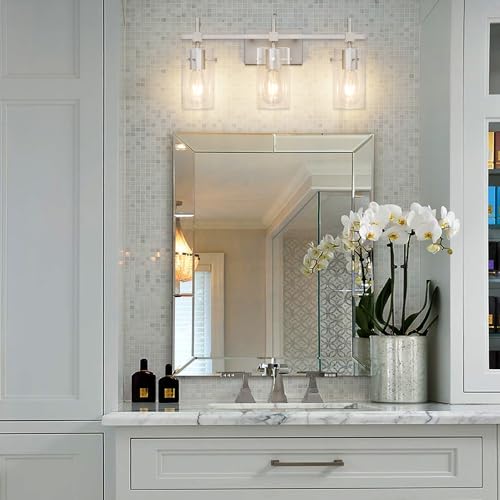 3 Lights Vanity Light Bathroom Light Fixture Over Mirror for Bathroom Glass Shade Lights Brushed Nickel Vintage Lighting Fixture (3 Count)