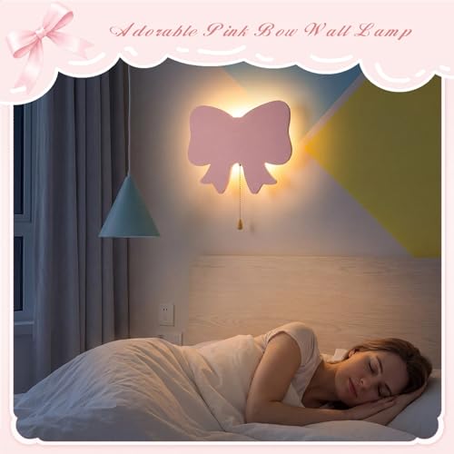 2 Pcs Pink Bow Night Light for Girls Cute Floating LED Lamp for Kids Nursery Room Decor Battery or USB Operated Night Light for Wall Bedroom Table Office Home Decorations (2 Count)