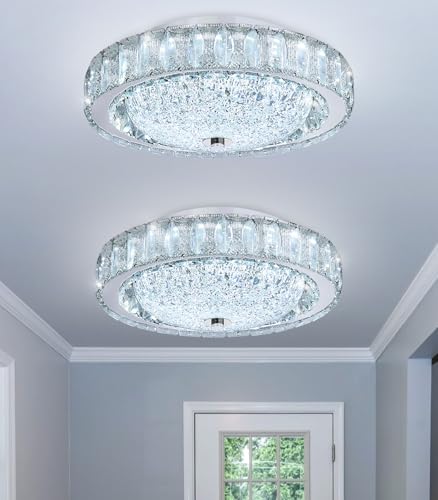 11.8" Modern Mini Crystal Chandelier Dimmable LED Flush Mount Ceiling Light with Remote Control for Bedroom Hallway Dining Room Silver