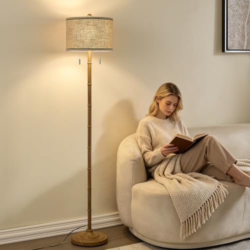Upgraded 2 Light Mid Century Floor Lamp for Living Room (Walnut)