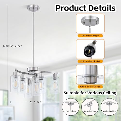 6-Light Modern Chandelier, Brushed Nickel Dining Room Light Fixture, Farmhouse Industrial Chandelier Hanging Over Table, Height Adjustable Pendant Lighting for Kitchen Island Foyer, Clear Glass Shade