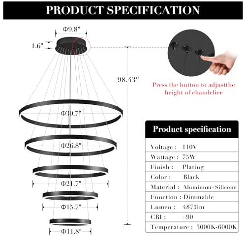 5 Ring Chandelier Black Modern LED Chandeliers High Ceiling 31" Large Foyer Chandelier Entryway Dimmable Pendant Light Fixture for Living Room Staircase