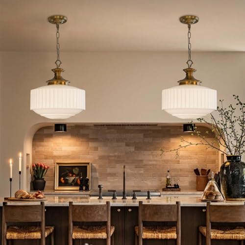 Vintage Brass Milk Glass Pendant Light Fixture