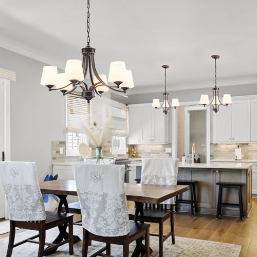 3 Light Farmhouse Chandelier with Milk White Frosted Glass Shades Black Dining Room Light Adjustable Height Ceiling Hanging Light Fixtures for Dinner Table