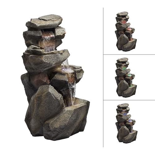 40" Tall Outdoor Multitiered Rock Waterfall Floor Fountain with LED Lights