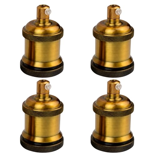 E26 Lamp Holder Socket Yellow Brass Metal Vintage Edison Bulb Holder IP20 Hardwired Medium Base Fitting for Pendant Wall Table Lamps DIY Indoor Lighting (4 Count)