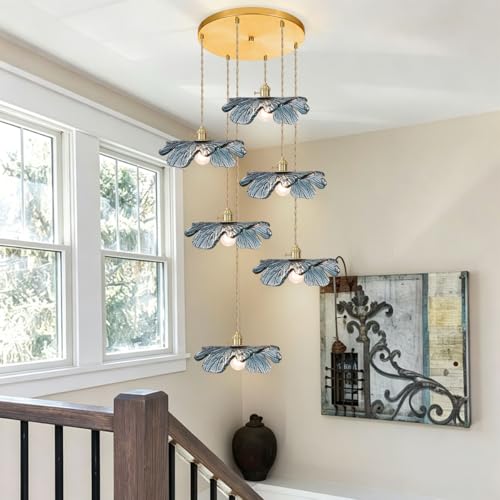 Foyer Chandelier for High Ceilings long Blue Floral pendant light Mid Century Glass Hanging Ceiling light Brushed Gold Flush Mount Ceiling Chandeliers for Staircase Entryway Living