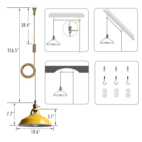 Nordic Plug in Hanging Pendant Light with Yellow Metal Barn Shade