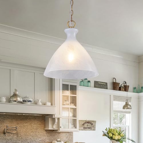 EDSILIVE Vintage Cloudy Glass Pendant Lights Kitchen Island 12" Milk White Hanging Ceiling Light Fixture with Gold Finish for Dining Room Kitchen Table