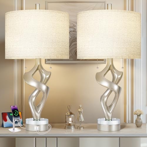 Silver Leaf 26” Tall Table Lamp Set of 2 for Bedroom Living Room (2 Count)
