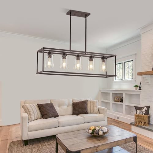 5 Light Oil Rubbed Bronze Dining Room Light Fixture Modern Farmhouse Chandelier Over Table Rectangle Kitchen Island Pendant Lighting Linear Chandelier Living Room Hanging Light Adjustable Height