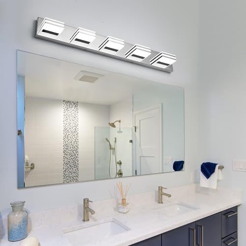 LED Vanity Lighting 30W Lights for Mirror 5 Light Bath Wall Lamps 34 Inch Bathroom Sink Lights over Vanity Modern Long Bath Lights Bars Chrome Wall Sconces Light for Bathroom Restroom 6000K